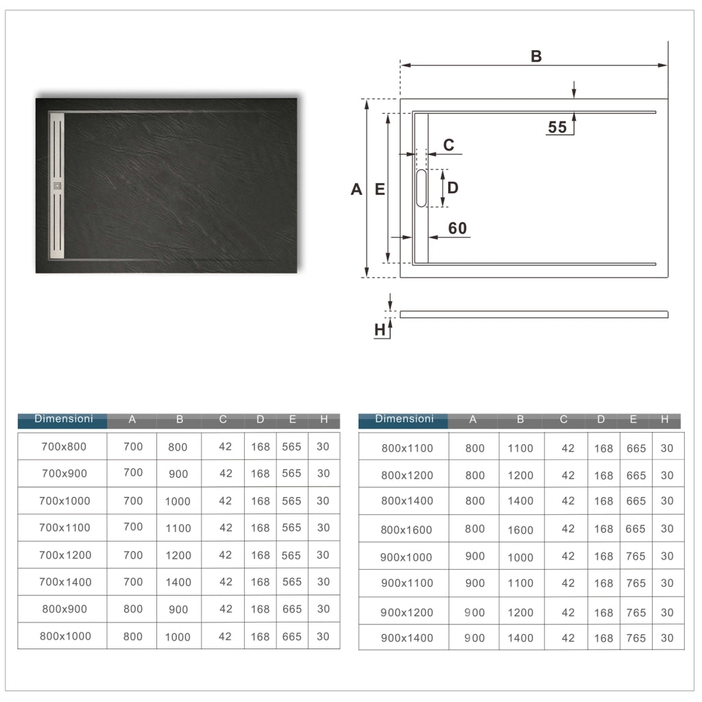 Piatto Doccia Rettangolare 70x120x3cm in Pietra Vulcanica e Resina Mista Finitura Pietra Nera Ruvida Ultraslim Antiscivolo Antibatterico