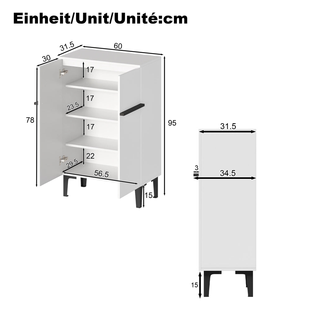 Mobile Scarpiera con 2 Ante e Ripiani Regolabili; Stile Moderno; in Pannello Truciolare; Bianco e Nero; 60??34;5??95 cm