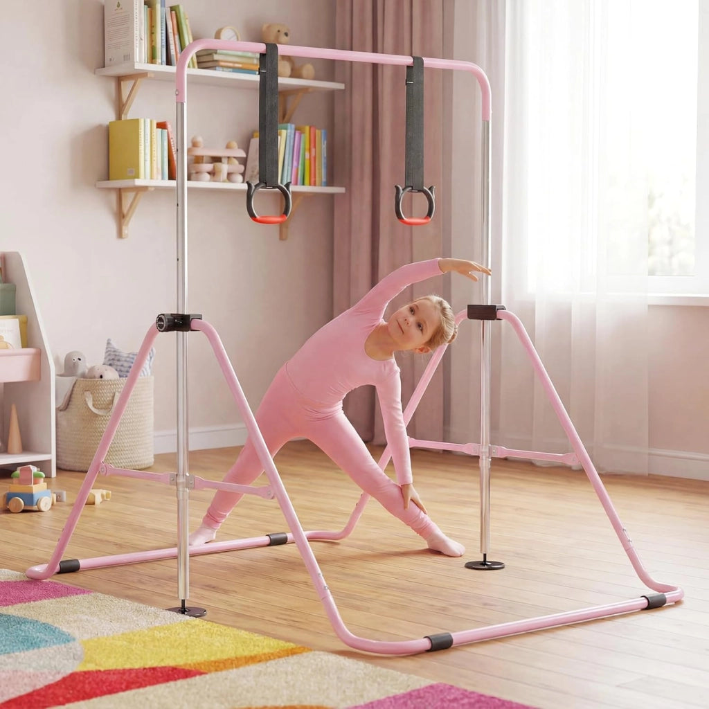 COSTWAY Sbarra Ginnastica Pieghevole per Bambini, Barra Ginnastica per Casa Regolabile a 4 Livelli con Anelli e Cuscinetti Antiscivolo, Attrezzatura Ginnastica per Bambini 3-12 Anni