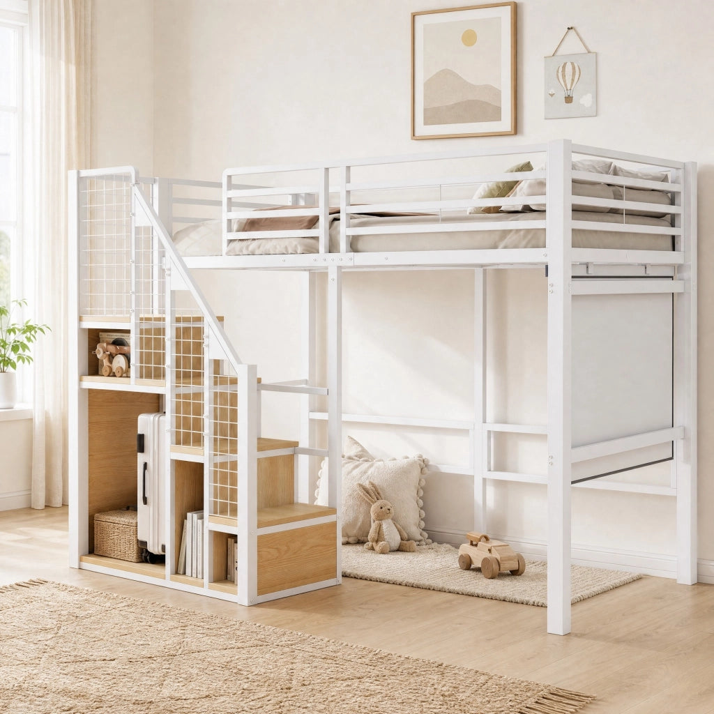 Letto a soppalco 90 x 200 cm bianco con contenitore e scala