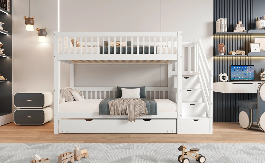 DESMIU Letto a castello con letto estraibile 90 × 200 cm 2 posti, con scala armadio e sponde, senza materasso, bianco