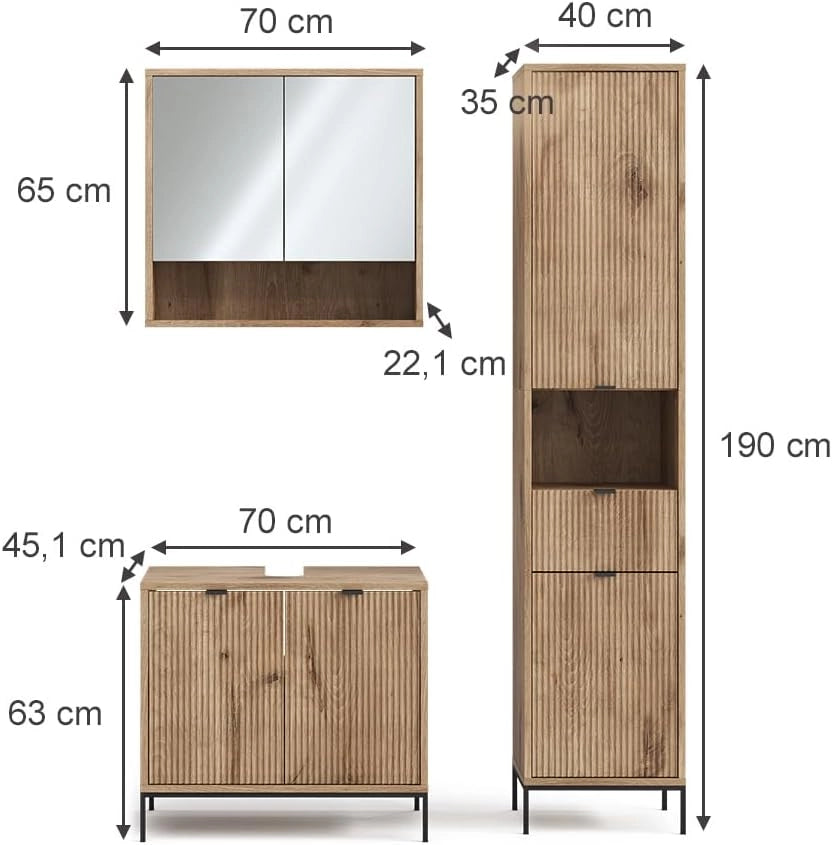 Set di mobili da bagno Eliza, Quercia vichinga, 70 cm, composto da mobile sottolavabo, specchiera e colonna alta