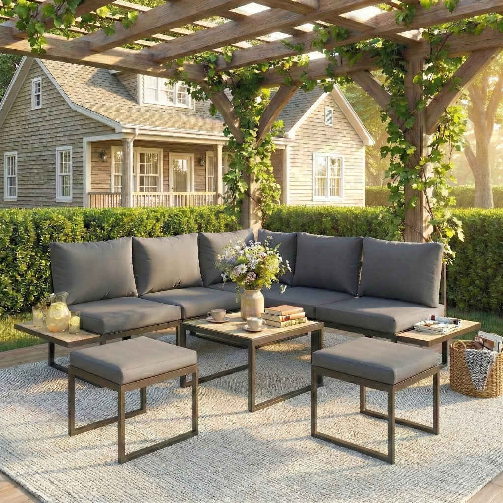Set da giardino 6 posti con tavolo e divano modulabile ¨C zephmum ¨C cuscini grigi 10cm, legno