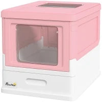Lettiera per Gatti Chiusa in PP a 2 Porte con Paletta e Vassoio Estraibile, 47.5x35.5x36.7 cm, Rosa e Bianco