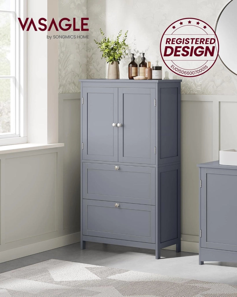 VASAGLE Mobile da Bagno, Mobiletto da Bagno, Credenza da Cucina, Armadietto con 2 Cassetti e 2 Ante, Ripiano Regolabile, 30 x 60 x 110 cm, Grigio Tortora BBC551G02
