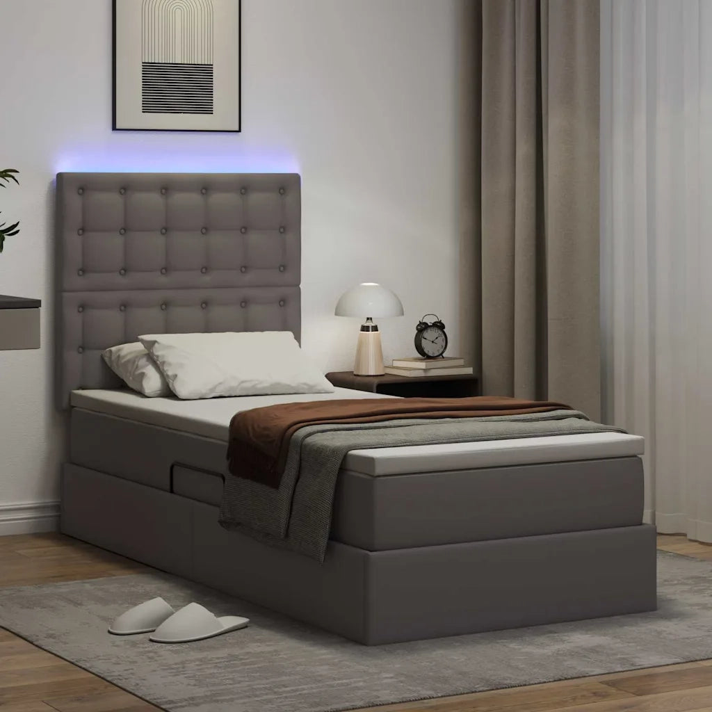 Letto con contenitore e LED Grigio 90 x 190 cm Pelle Sintetica