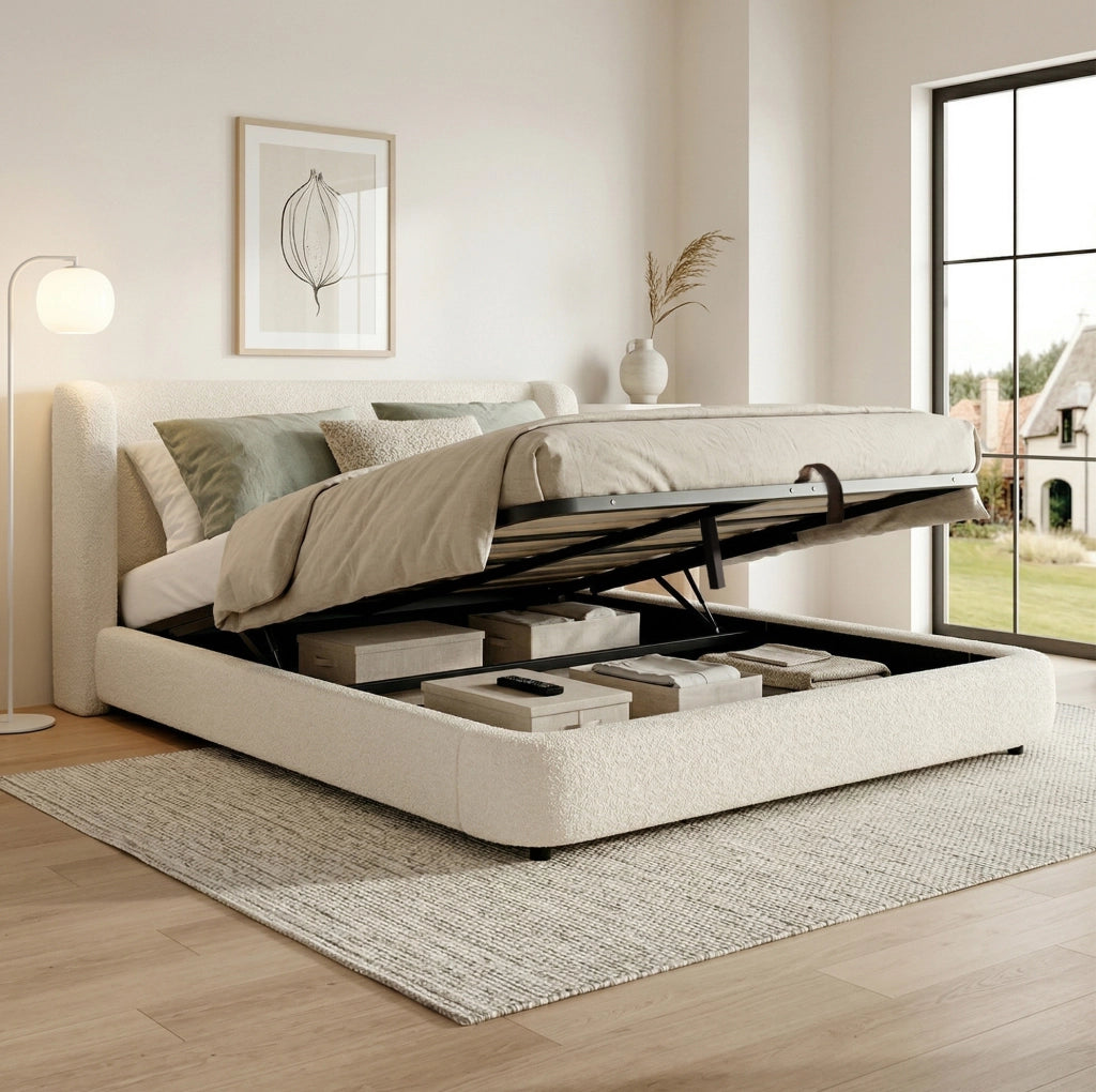 Letto matrimoniale imbottito 180x200 cm con contenitore; struttura in metallo e bouclé beige
