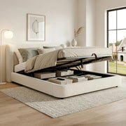 Letto matrimoniale imbottito 180x200 cm con contenitore; struttura in metallo e bouclé beige