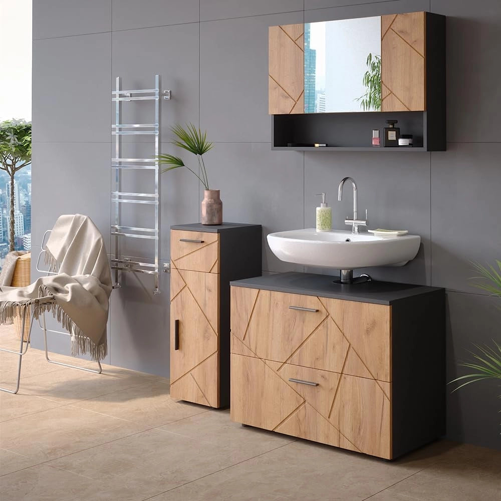 Mobiletto bagno Irma, Quercia dorata/antracite, 30 x 81 cm, per la conservazione in bagno, abbinabile alla serie Irma