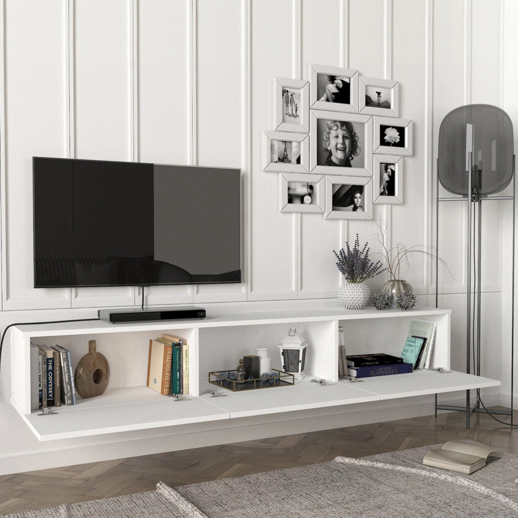Mobile TV da Parete Vihti con 3 Ante a Ribalta Armadietto Pensile - Bianco [en.casa]