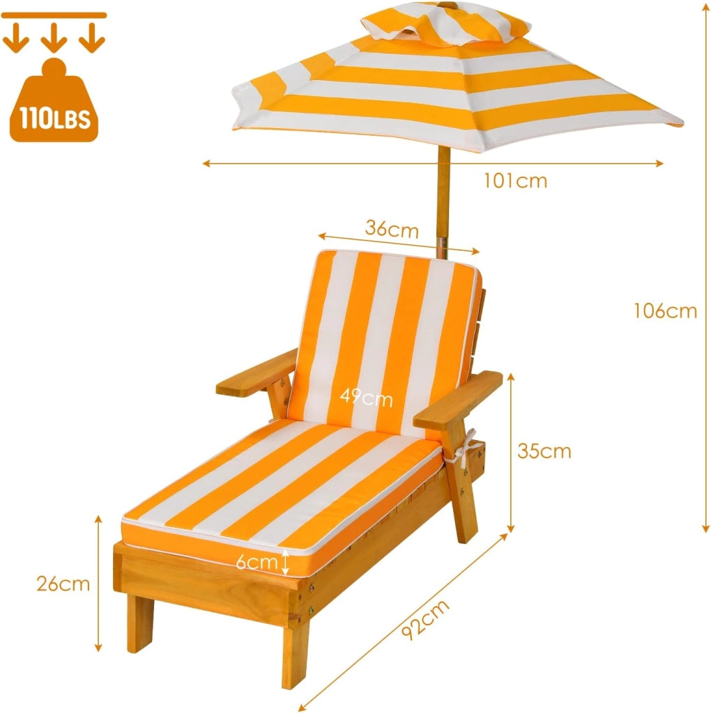 Sedia Sdraio per Bambini in Abete, Spugna e Stoffa, Traspirante e Robusta, Poltrona con Ombrello Prendisole, Sdraio per Spiaggia & Balcone & Bordo Piscina, Portato fino a 50 kg