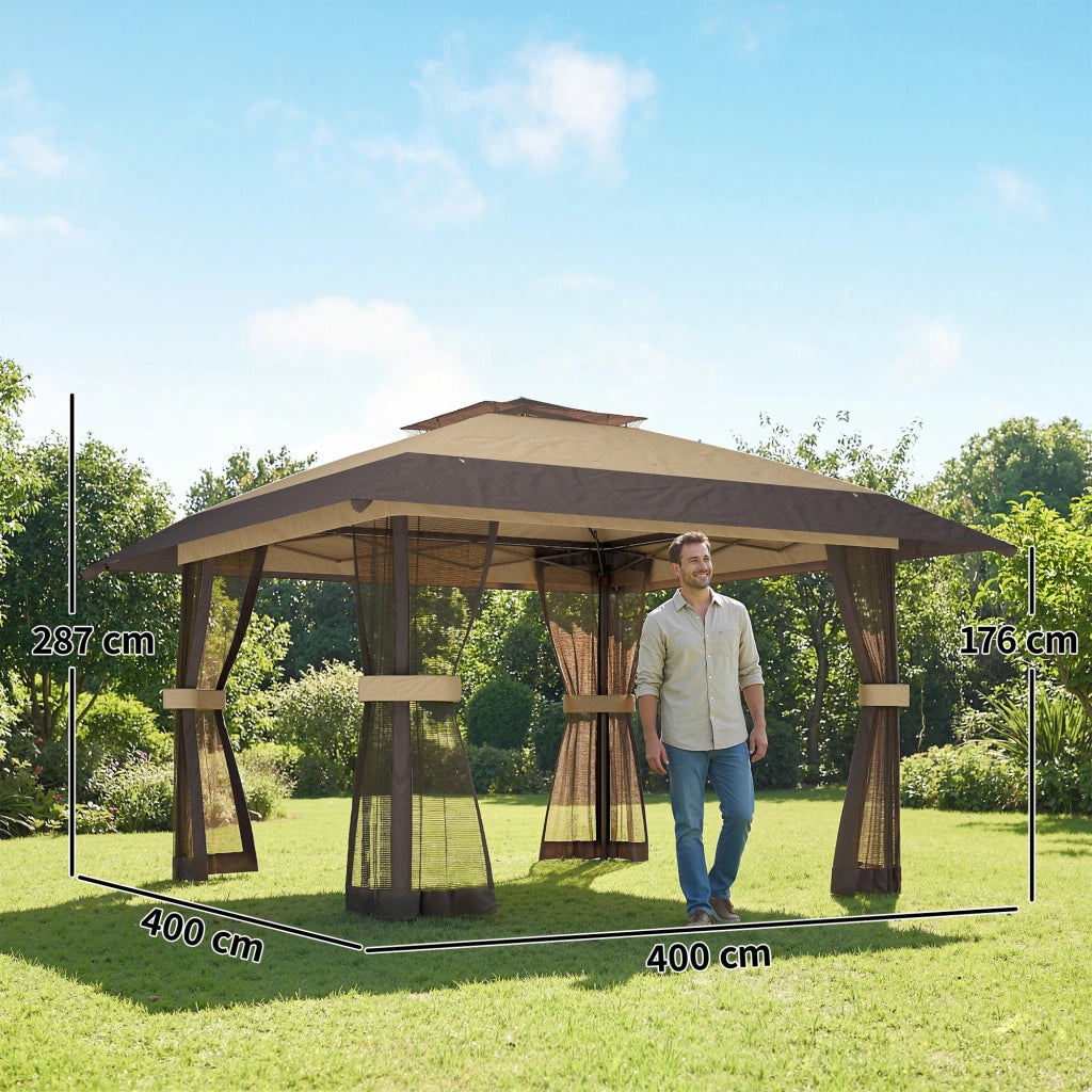 Gazebo Pieghevole 4x4 m con 4 Zanzariere Laterali, Doppio Tetto e Sacchi di Sabbia, Cachi e Marrone