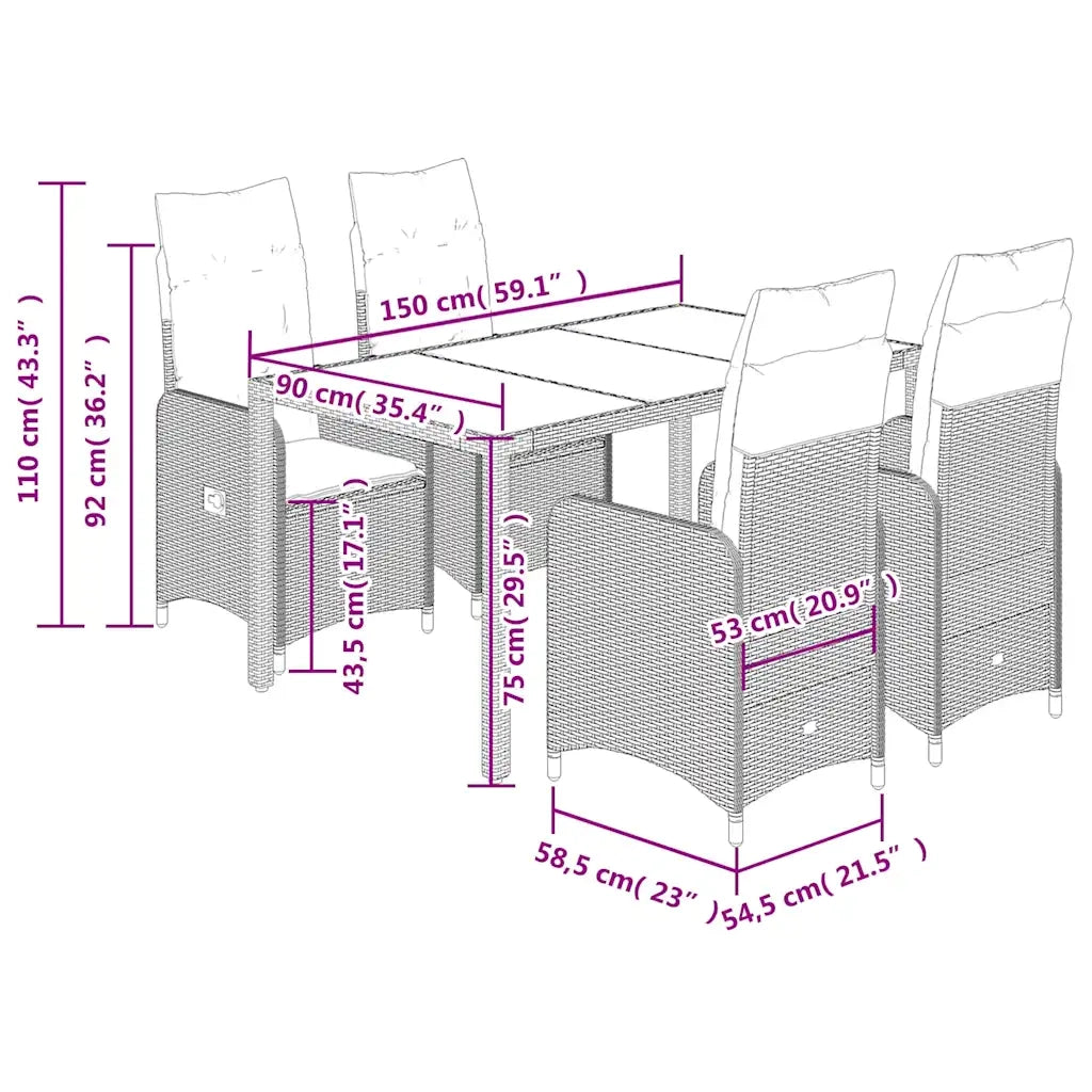 Set BistrÃ² da Giardino 5 pz con Cuscini in Polyrattan Grigio