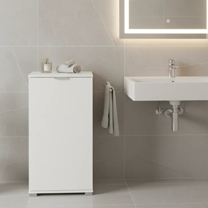 Mobiletto Base 1 Anta Bianco | Armadietto Salvaspazio Moderno con Ripiano Regolabile | Già Assemblato per Bagno, Lavanderia, Ingresso, Studio e Balcone
