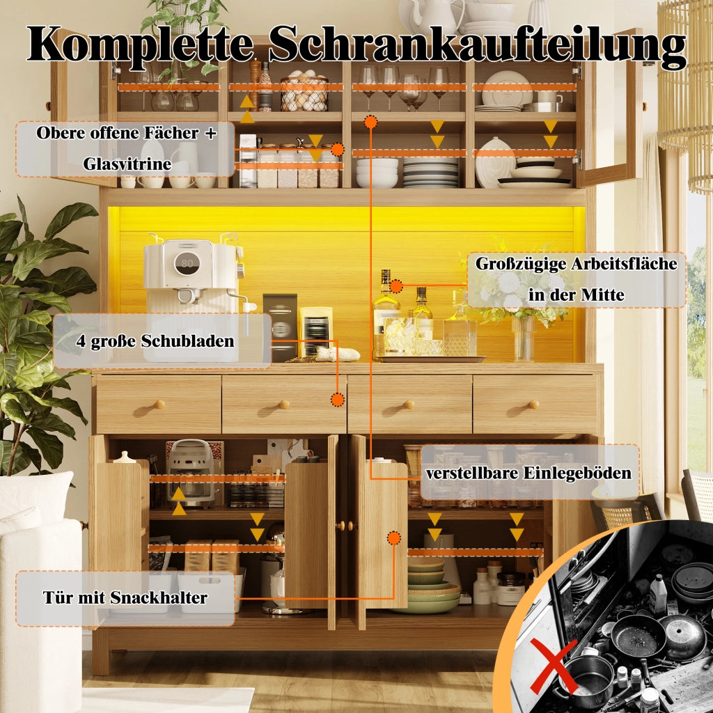 Credenza alta con LED RGB, ante in vetro, 4 cassetti e ripiani regolabili, in MDF effetto legno, 140 × 38,5 × 180 cm
