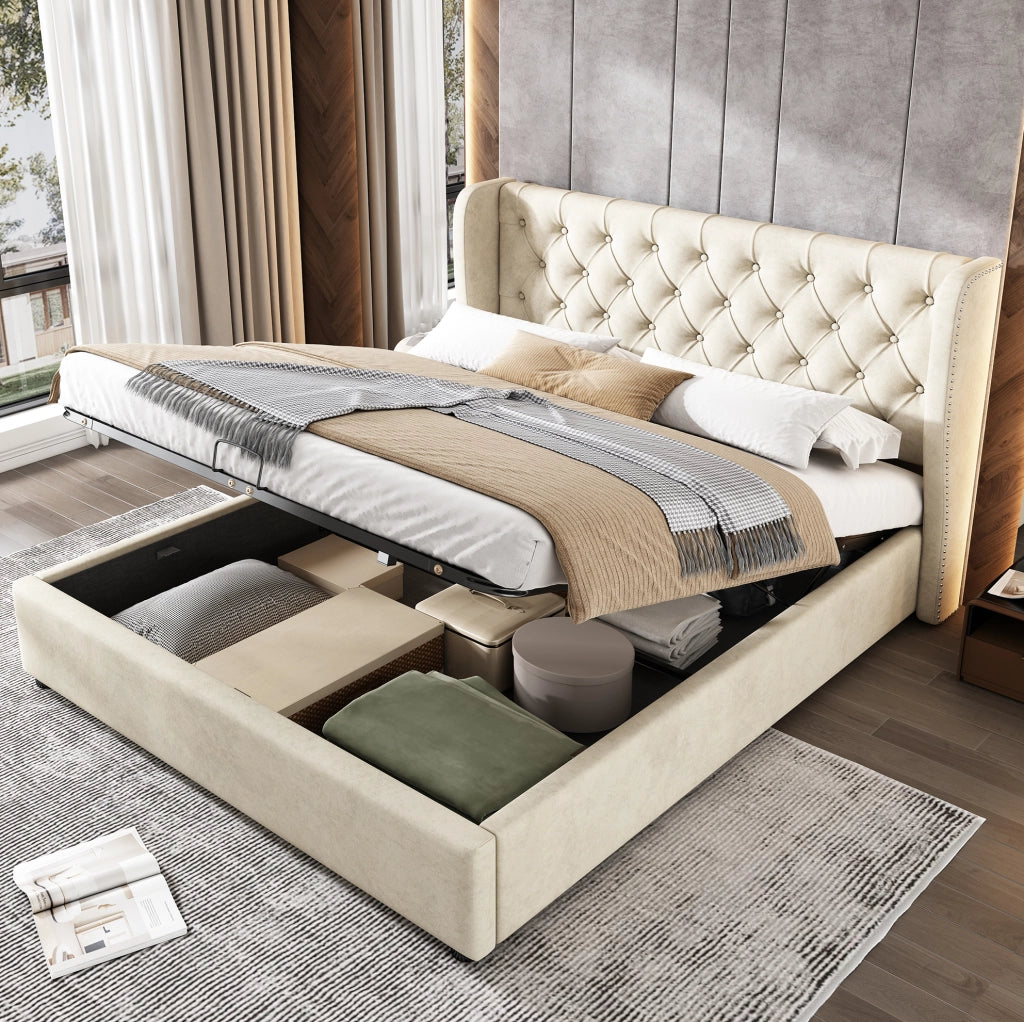 Letto matrimoniale imbottito 140x200 cm in velluto grigio; stile Chesterfield con contenitore e rete