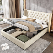 Letto matrimoniale imbottito 140x200 cm in velluto grigio; stile Chesterfield con contenitore e rete