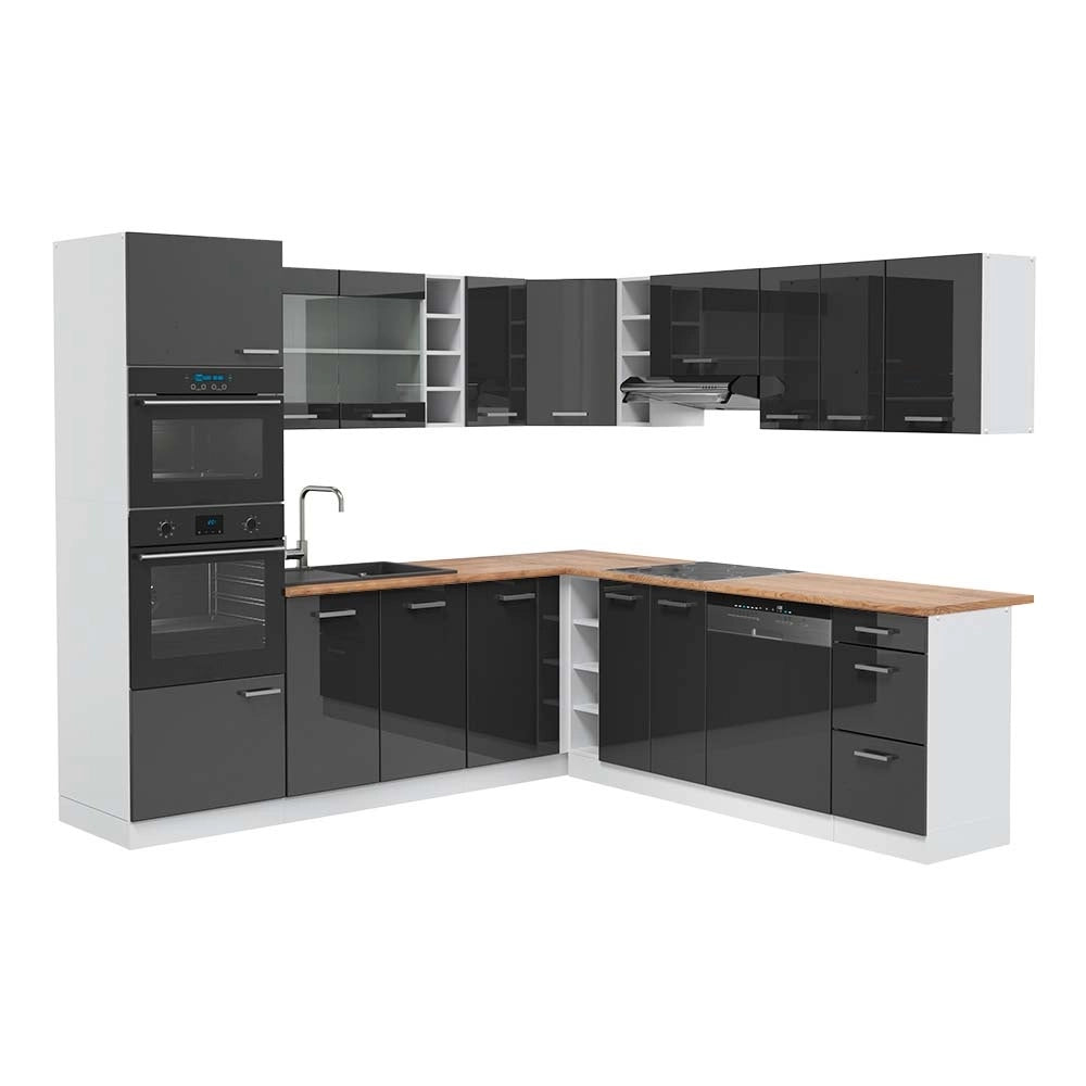 Cucina angolare completa R-Line Antracite lucido/Bianco 247 x 237 cm, PL Rovere Vicco