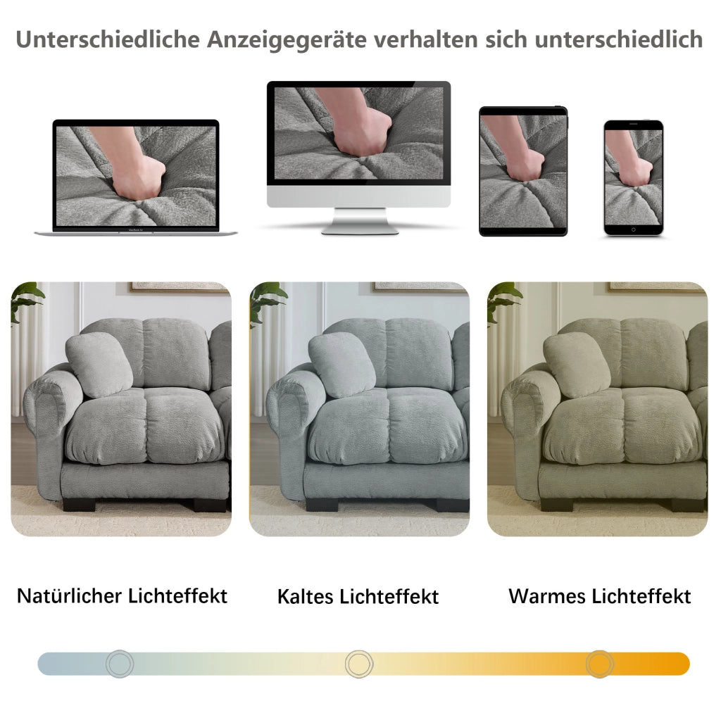 Divano modulare in chenille con 2 pouf mobili; configurazione a U o L; 330x149x90 cm; grigio chiaro