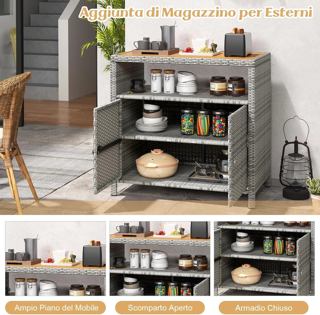 Armadietto Portaoggetti in Rattan, Mobile Buffet per Esterni in Legno di Acacia, con Compartimento Aperto e Armadio Chiuso a 2 Ante, per Piscina, Terrazza e Patio, 90 x 53 x 86 cm (Grigio)