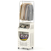 Carrello lavanderia 3 livelli con barra appendiabiti 8 ganci-Scaffale-Carrello lavanderia contenitore pieghevole ruote Beige