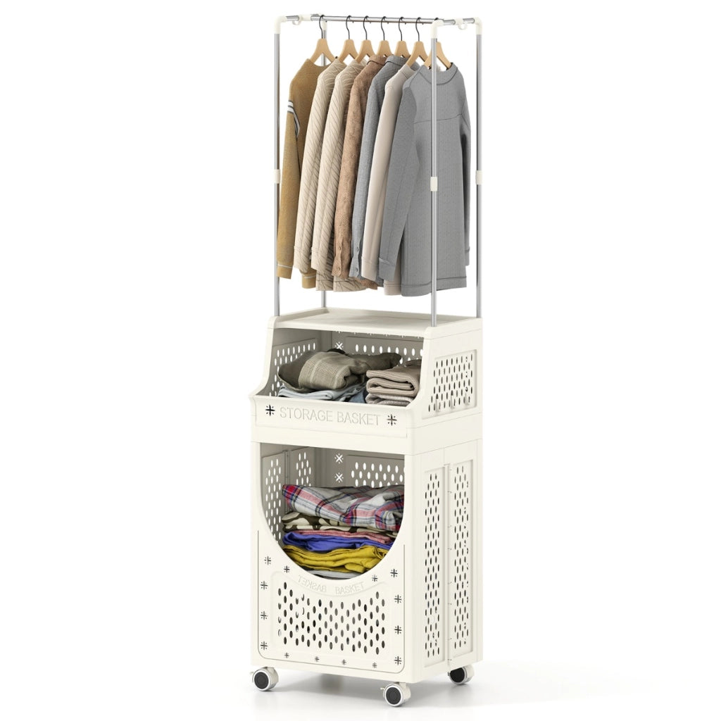 Carrello lavanderia 3 livelli con barra appendiabiti 8 ganci-Scaffale-Carrello lavanderia contenitore pieghevole ruote Beige