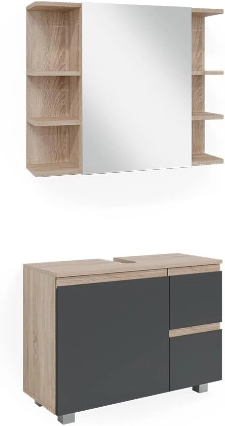 Mobile bagno alto J-Shape, Grigio, 30 x 190 cm, per conservare e combinare con altri elementi a forma di J