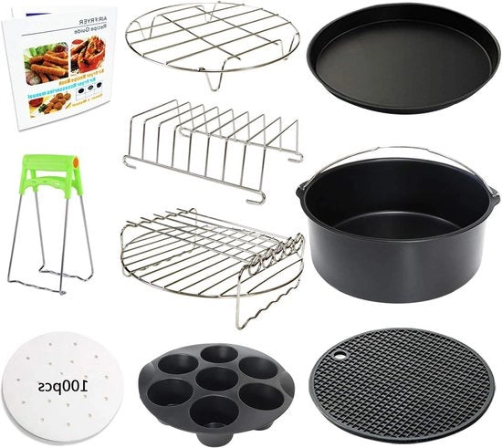 Accessori Air Fryer XL 10 pezzi - Piatto Cupcake - Piatto Pizza - Bacinella in Silicone - Libro di Ricette - 100 pezzi di carta per cucinare - Air Fryer 5,3 Qt - Air Fryer 6,8 Qt Bacinella in Silicone