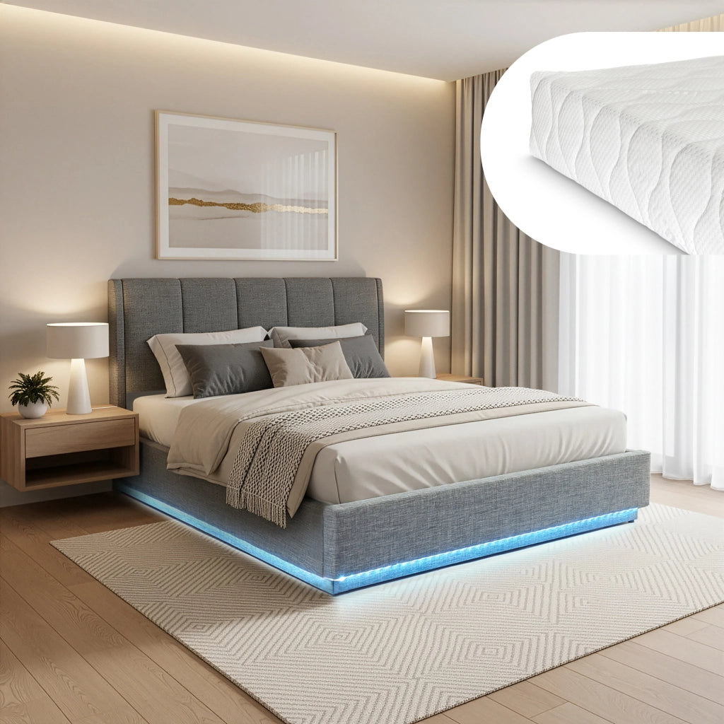 Letto Contenitore Tröstiar con Luce LED Letto Francese con Materasso 140x200 cm Antracite [en.casa]