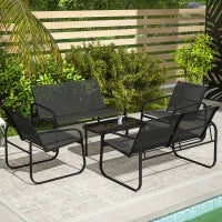 Set da Giardino con 2 Divani 2 Posti, 2 Poltrone e un Tavolino da Caffè con Piano in Vetro, Nero