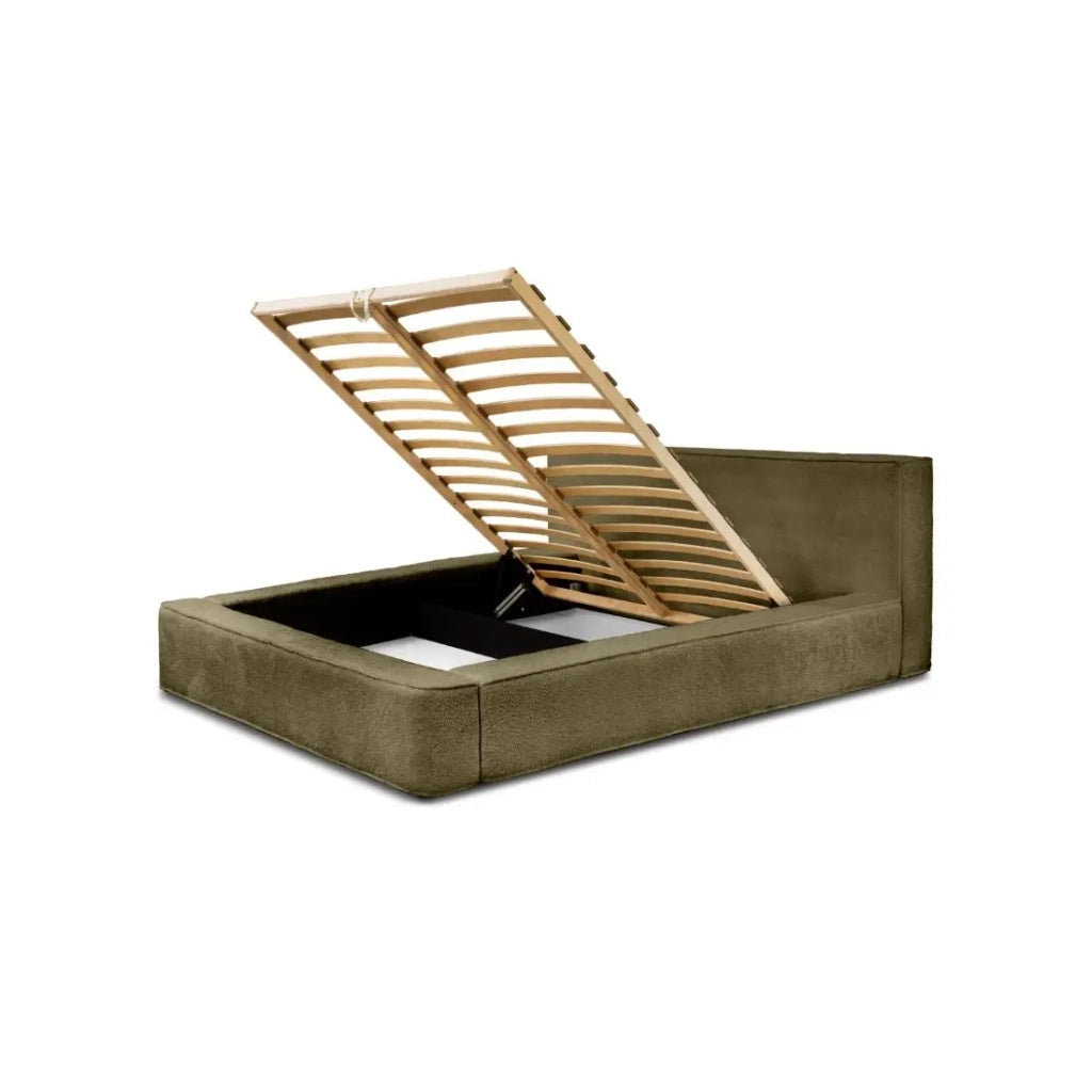 Letto contenitore VELORA – Olive bouclé – 180x200 cm – Tessuto velluto morbido – Rete sollevabile – Contenitore integrato