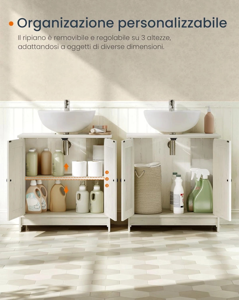 Mobile Sottolavabo da Bagno, Montaggio Rapido Senza Attrezzi Toolless, Mobiletto con Ripiano Regolabile per Lavabo senza Colonna, Bianco Vintage BBC222WJ01