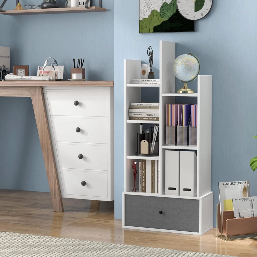 Libreria in Legno a 7 Piani, Scaffale Multifunzionale con 1 Cassetto e 7 Scomparti, Scaffale Espositivo per Soggiorno Studio Ufficio, 53x24x118 cm (Bianco, 1 cassetto)
