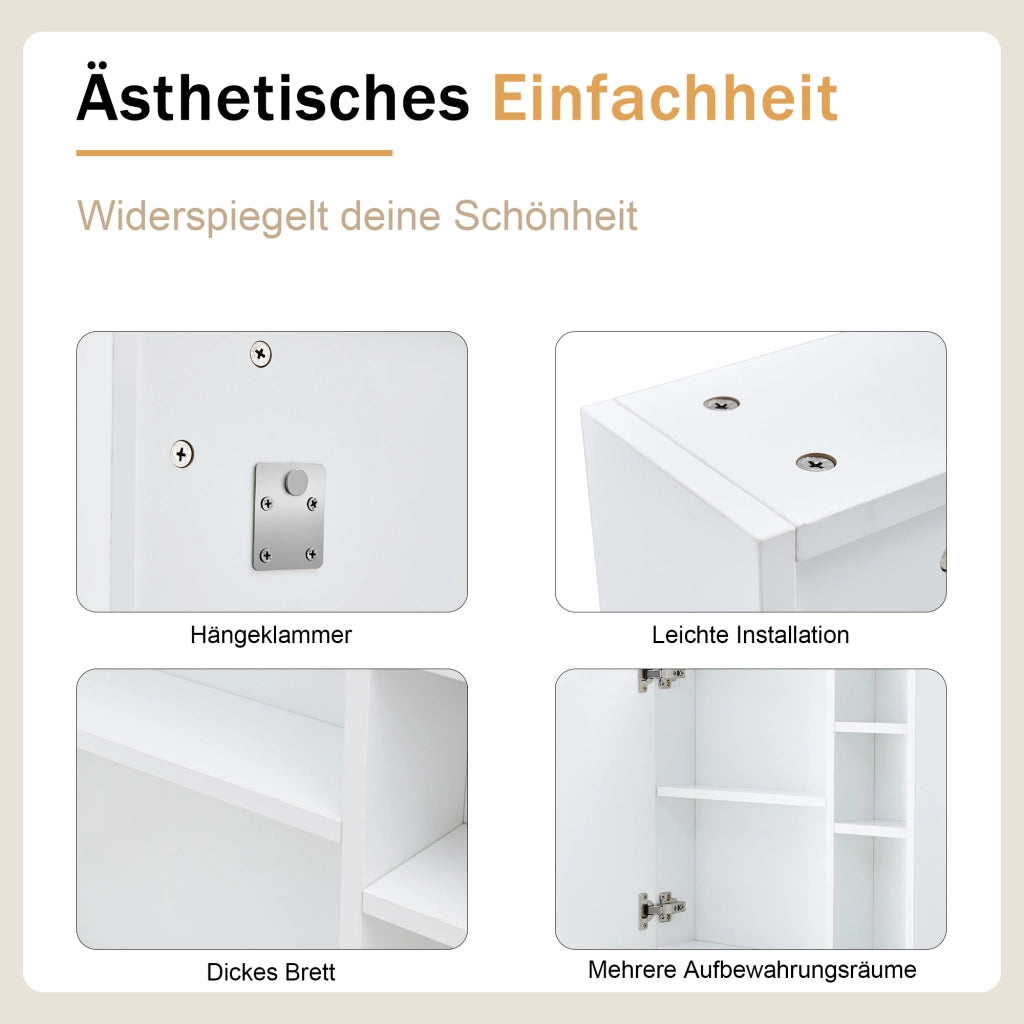 Armadietto a specchio da bagno con ripiani interni, porta specchio di sicurezza, per bagno e trucco, bianco, 55 × 56 cm