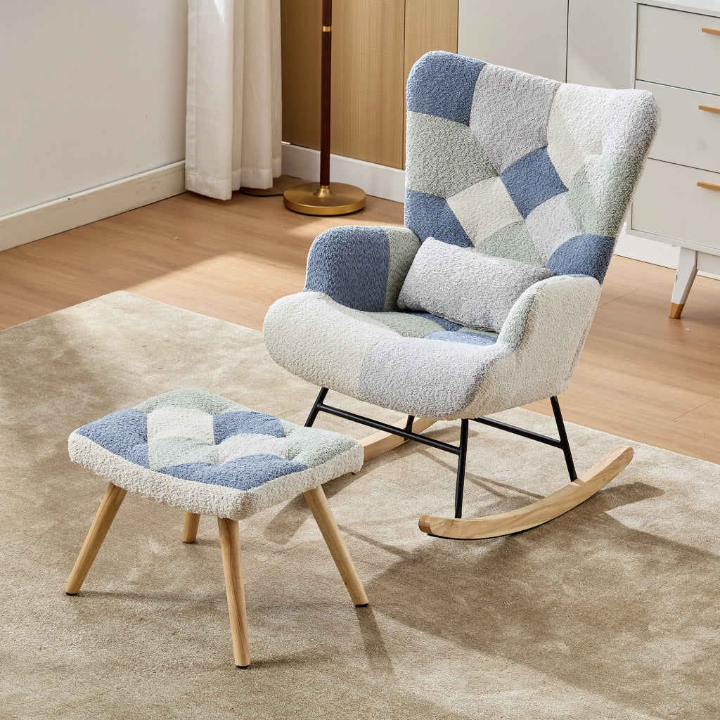 Poltrona a dondolo con pouf e schienale rimovibile in tessuto con struttura in ferro beige e blu 122 × 68 × 91 cm