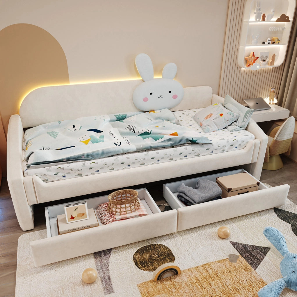 Letto per bambini 90x200 cm con 2 cassetti e LED; rivestito in velluto beige