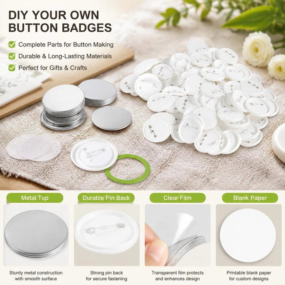 Button Machine, Button Making Machine Accessories, Badge Punch Press 58 Mm, DIY Badge Press Machine Spare Parts 500 Pcs. Badge Press Machine, Metal + Plastic / 250 + 250 Pcs With Metal Lid