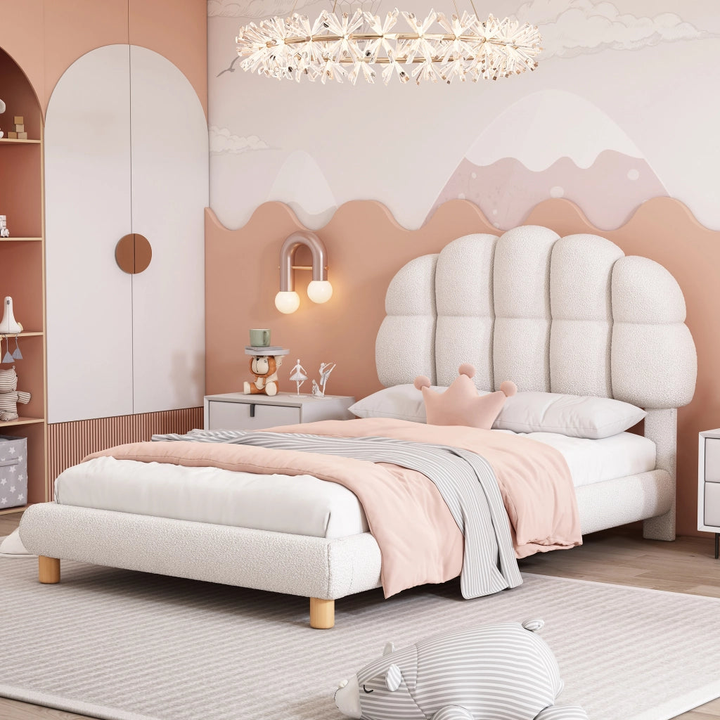 Letto per Bambini Letto Singolo 90×200 cm con Testiera Regolabile e Tessuto Bouclé; senza Materasso; Bianco