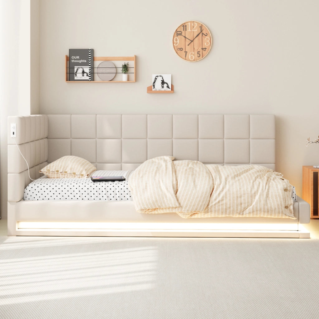 Divano letto 90x200 cm beige in lino con LED, USB e rete a doghe