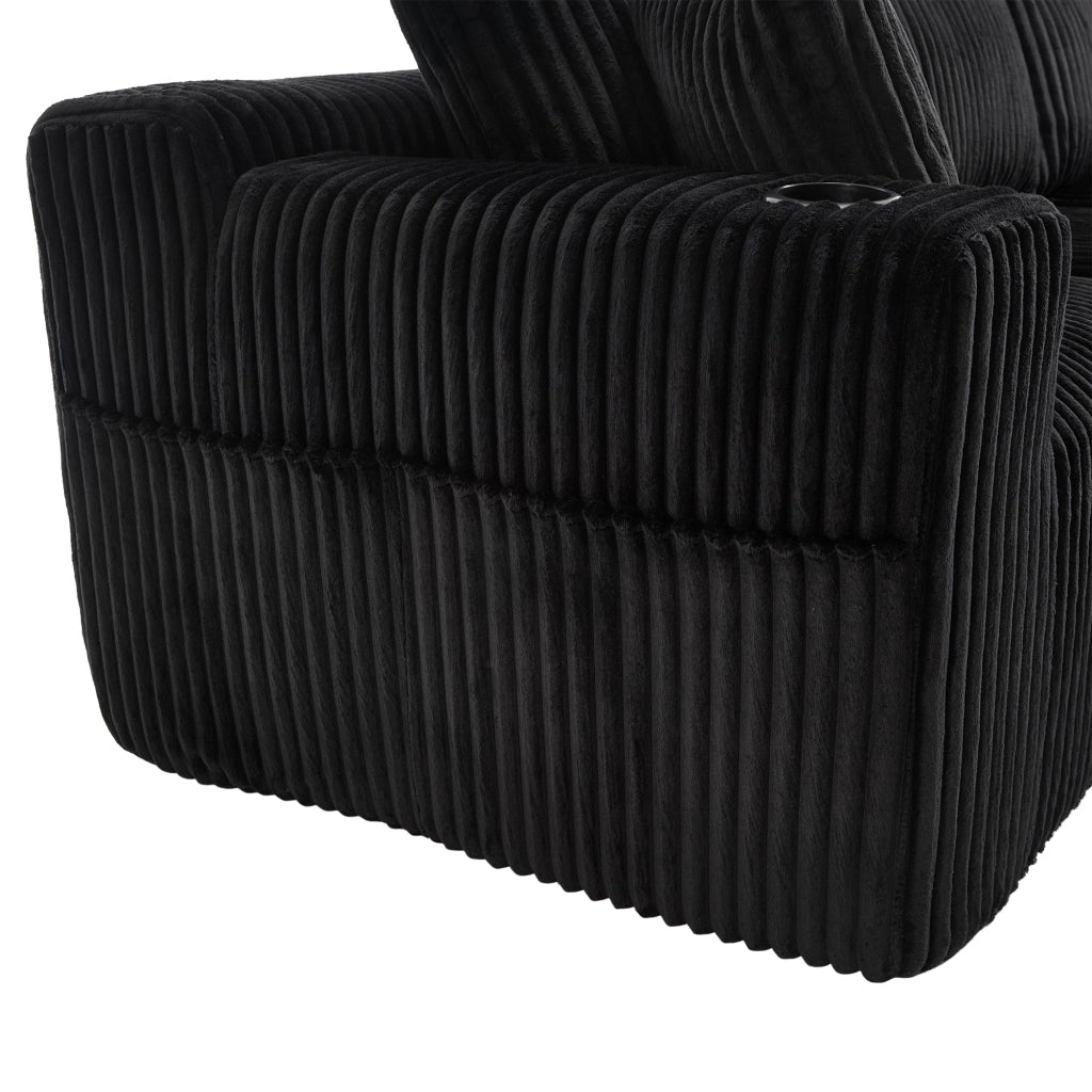 Divano Modulare con Chaise Longue e 2 Posti, Tasche Laterali, Porta Bicchieri, in Corduroy Nero