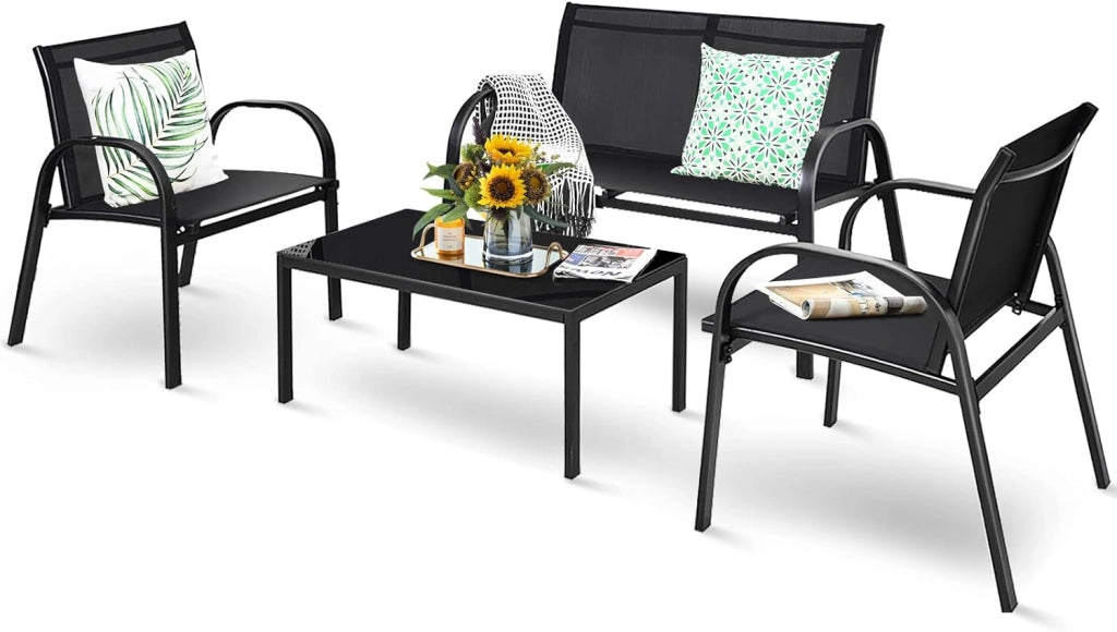 Set di 4 mobili da giardino con tavolino da salotto e panca da giardino e 2 sedie da pranzo, in textilene, set da 4 persone, mobili da giardino (Nero)