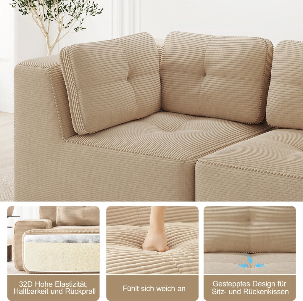 Divano angolare modulare in corduroy beige 297x177x69 cm con seduta profonda