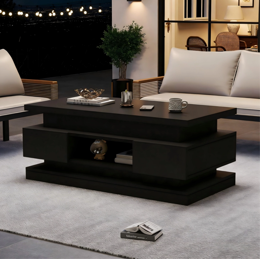 Tavolino da Caffè Elevabile Nero con LED, 2 Cassetti e USB 100x50 cm