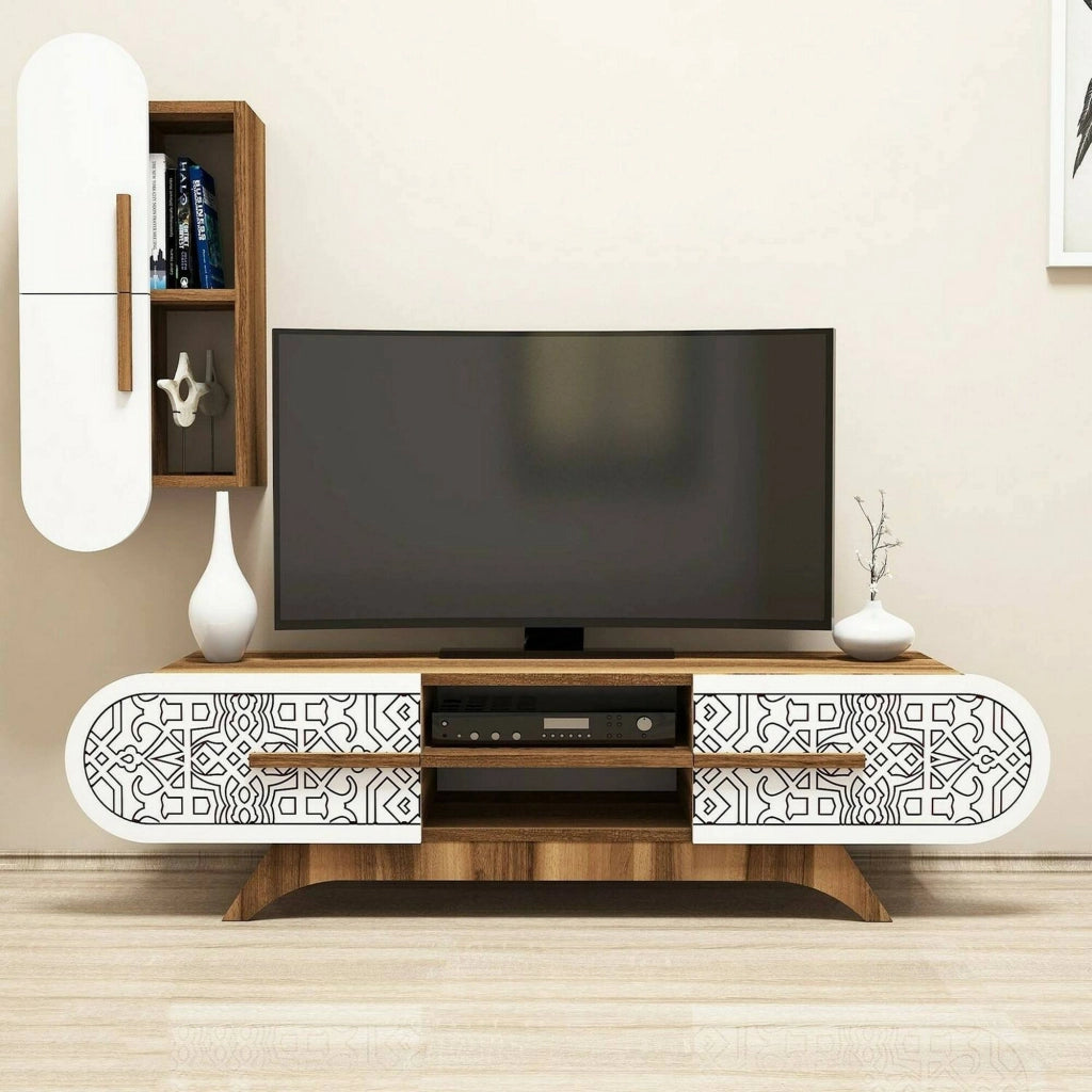 Parete attrezzata Gilberta, Composizione soggiorno, Mobile salotto multiuso, Armadio porta TV, 145x35h37 cm, Noce e Bianco