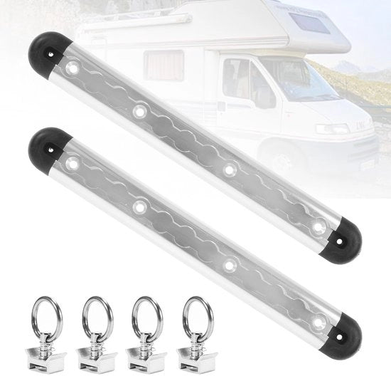 Railset in alluminio con accessori, con 4 x fermagli e 4 x cappi di chiusura, per la sicurezza del carico per rimorchi, autocarri, camper, barche - Rail in alluminio anodizzato