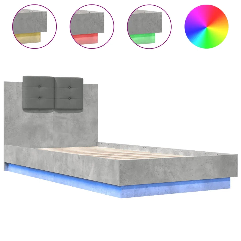 Letto singolo | Letto per adulti | Giroletto con Testiera e LED Grigio Cemento 75x190 cm