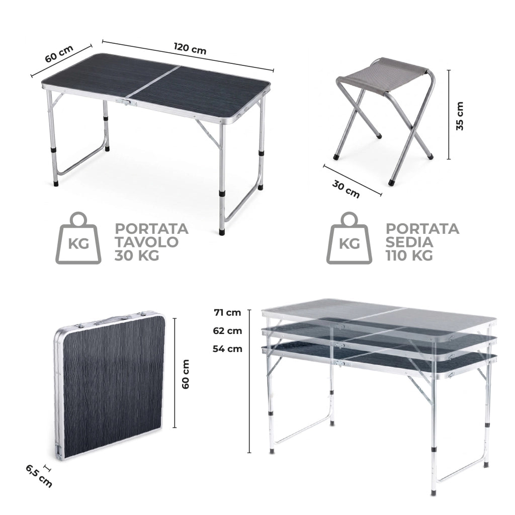 Set Tavolo Pieghevole da Campeggio con 4 Sgabelli, Altezza Regolabile 54-71 cm, Tavolo Richiudibile a Valigia 120x60 cm, Struttura in Alluminio, Portatile per Camping, Picnic e Giardino