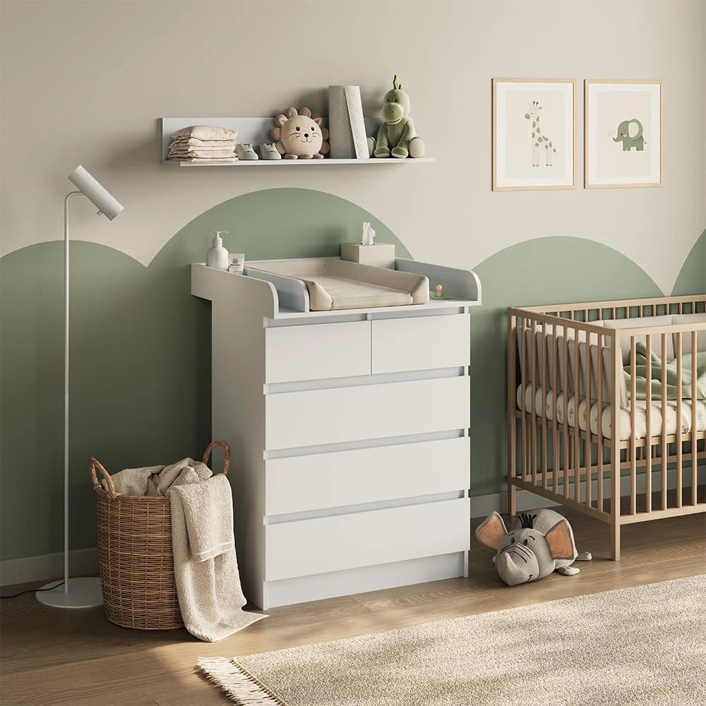 Fasciatoio Emma, Bianco, 80 x 110.2 cm con 5 cassetti, convertibile in una cassettiera tradizionale per un utilizzo versatile