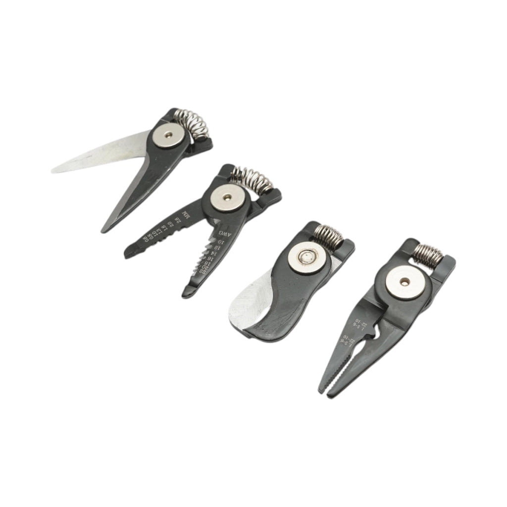Set multifunzione 5 in 1 con forbici, pinze brevettate, taglierina, crimpatrice e spelafili.