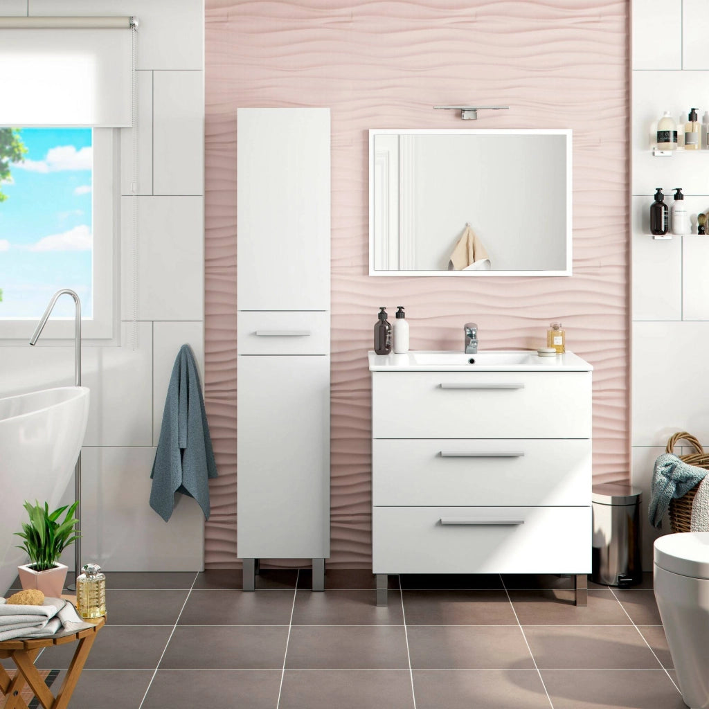 Colonna bagno Alka, Pensile bagno con 2 ante e 1 cassetto, Armadio alto, 35x31h182 cm, Bianco lucido